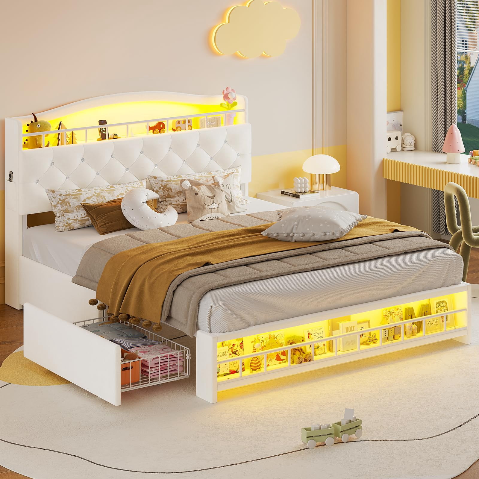 Afuhokles Full Size Bed Frame with LED Lights and 4 Drawers, Velvet Upholstered Platform Bed, Headboard with Charging Station and Crystal Button, White