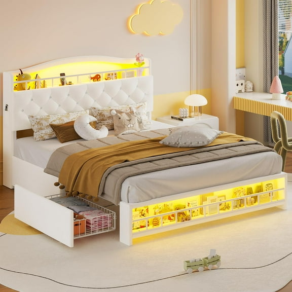 Afuhokles Full Size Bed Frame with LED Lights and 4 Drawers, Velvet Upholstered Platform Bed, Headboard with Charging Station and Crystal Button, White