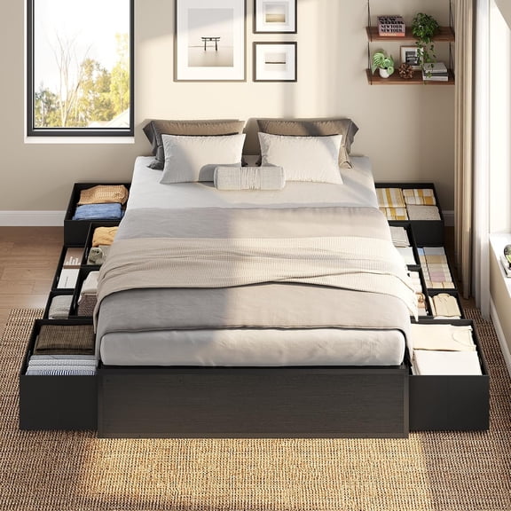 Afuhokles Full Size Bed Frame with 12 Storage Drawers, Metal Platform Bed Frame with Steel Slat Support, Black