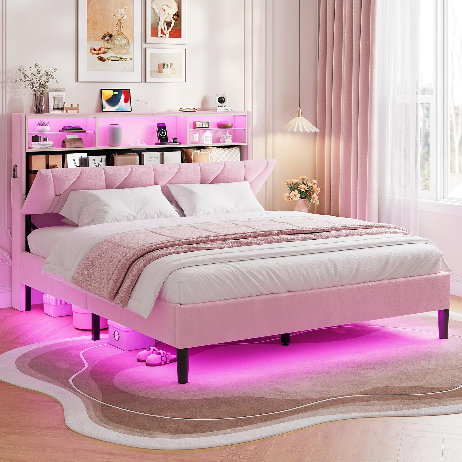 Afuhokles Full Size Bed Frame with LED Lights, Platform Bed Frame with Bookcase Headboard, Upholstered Bed with Hidden Storage, Velvet Pink