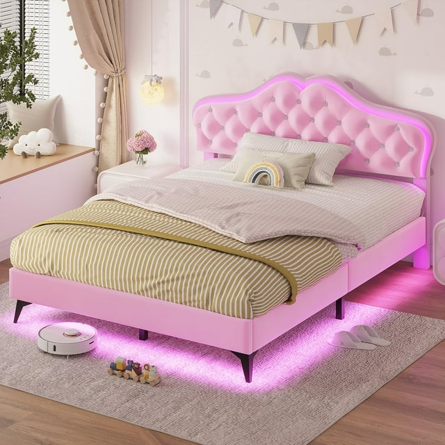 Afuhokles Full Size Bed Frame with LED Lights, Upholstered Platform Bed, Pink