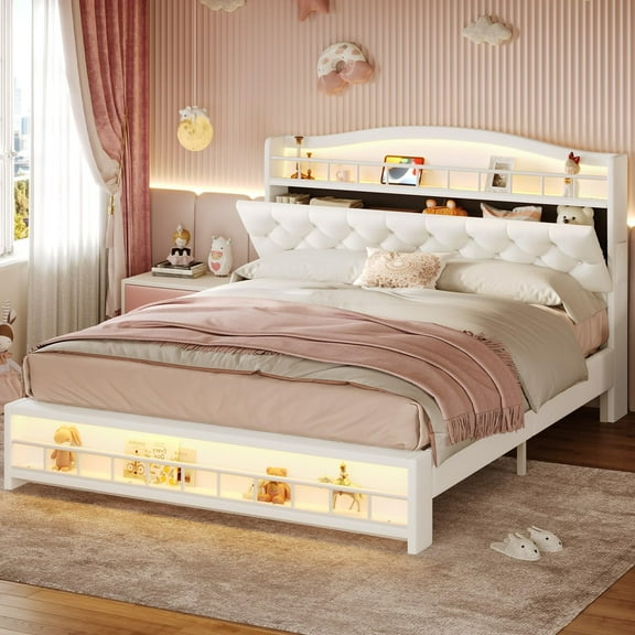 Afuhokles Full Size Bed with LED Lights and Charging Station, Upholstered Bed Frame with Hidden Storage Headborad, Sturdy Platform Bed, Beige