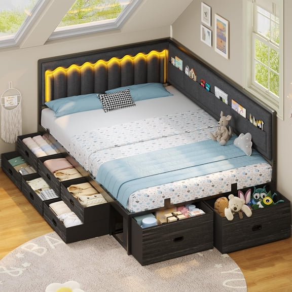 Afuhokles Full Size Daybed, Corner Bed Frame With 8 Drawers, 6 Storage Pockets, Rgb Wave Lights, Black and Gray