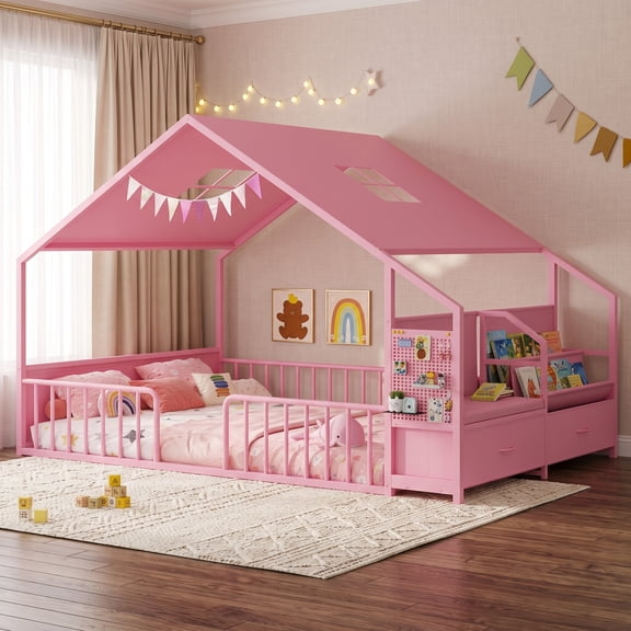 Afuhokles Full Size Floor Bed with Safety Guardrails, Reading Nook and Storage Drawers, Pink