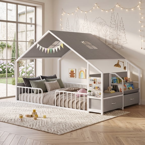 Afuhokles Full Size Floor Bed with Safety Guardrails, Reading Nook and Storage Drawers, White