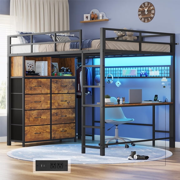 Afuhokles Full Size Loft Bed with Desk and 8 Storage Drawers, LED Metal Loft Bed with Power Outlet, 2 Shelves and Clothing Rack, Rustic Brown