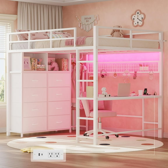 Afuhokles Full Size Loft Bed with Desk and 8 Storage Drawers, LED Metal Loft Bed with Power Outlet, 2 Shelves and Clothing Rack, White