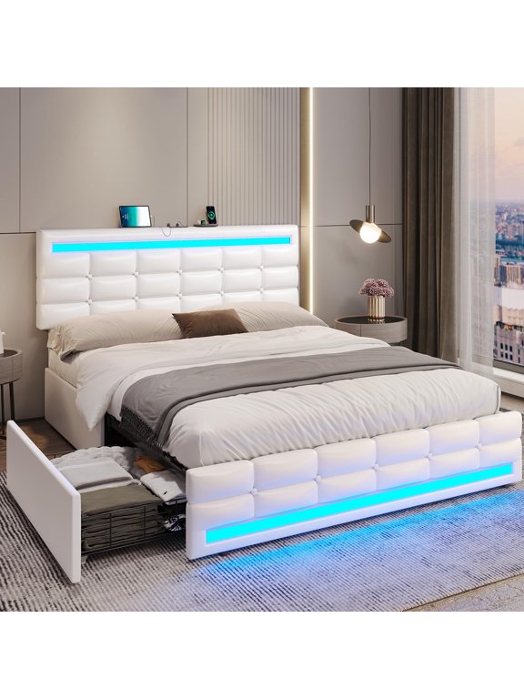 Full Size Modern Upholstered Wood Platform Bed with Storage Drawers, White