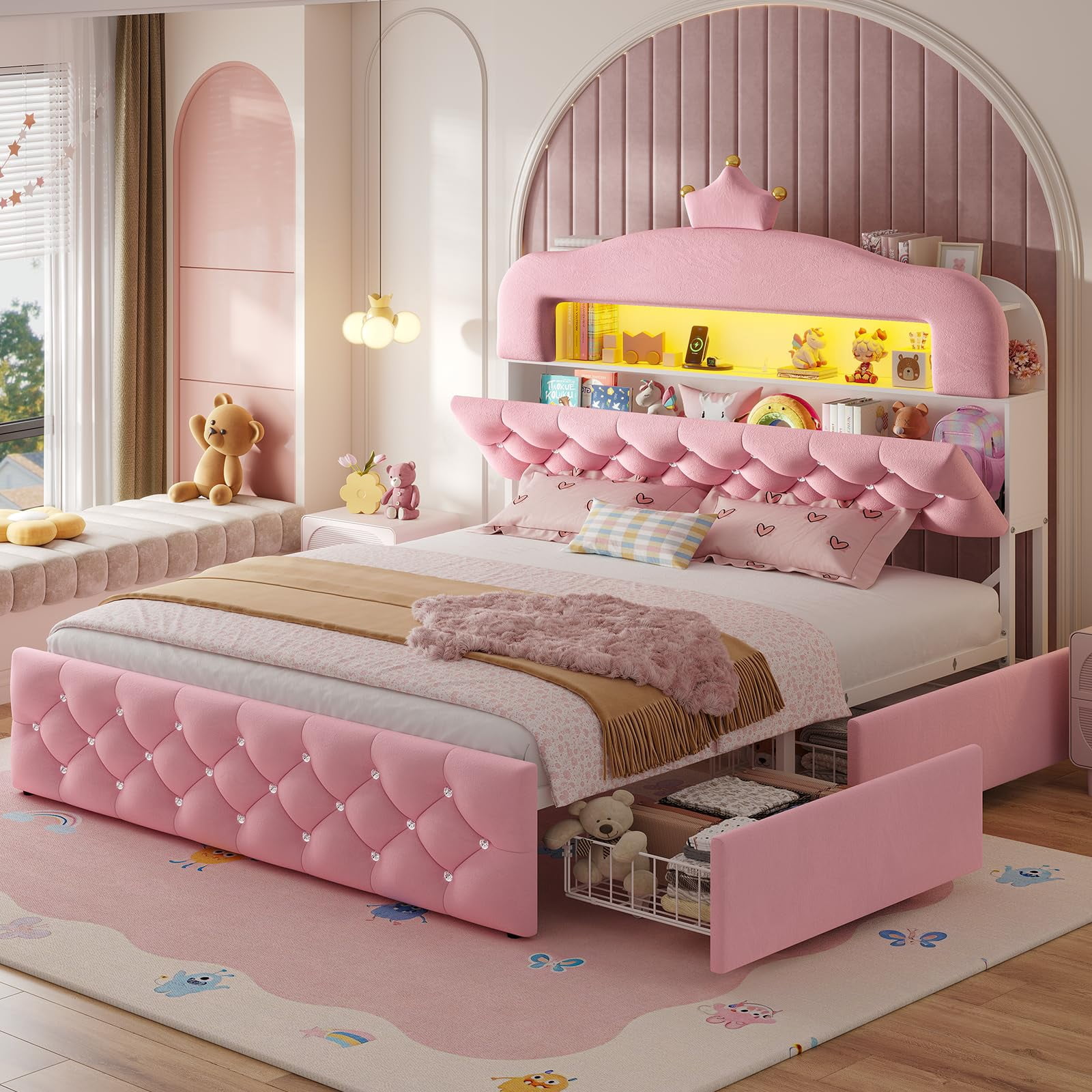 Afuhokles Full Upholstered LED Bed Frame with 4 Storage Drawers and 2 ...