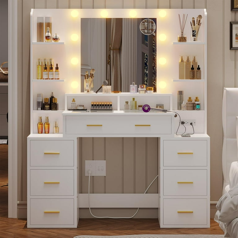 Afuhokles Glass Top Drawers, with Charging Station, Dividers Acrylic and and Makeup Lights, Shelves, with Vanity White Desk Vanity Lights, Mirror 8