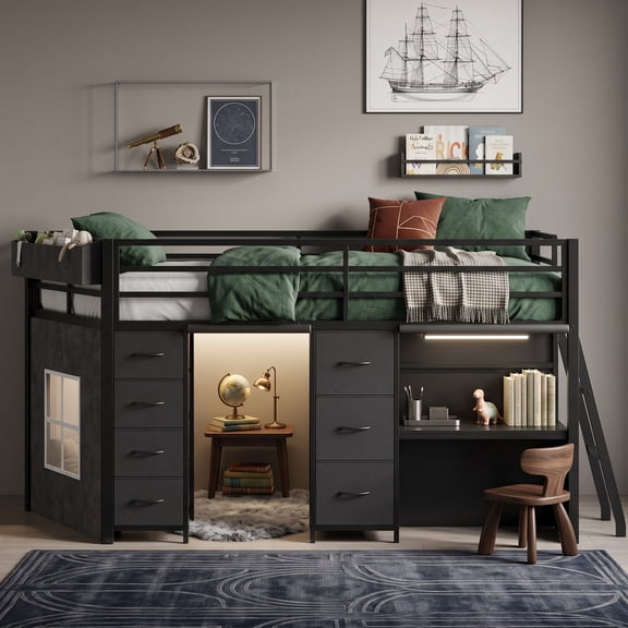 Afuhokles Low Loft Bed Twin Size with Desk and 7 Storage Drawers, Black