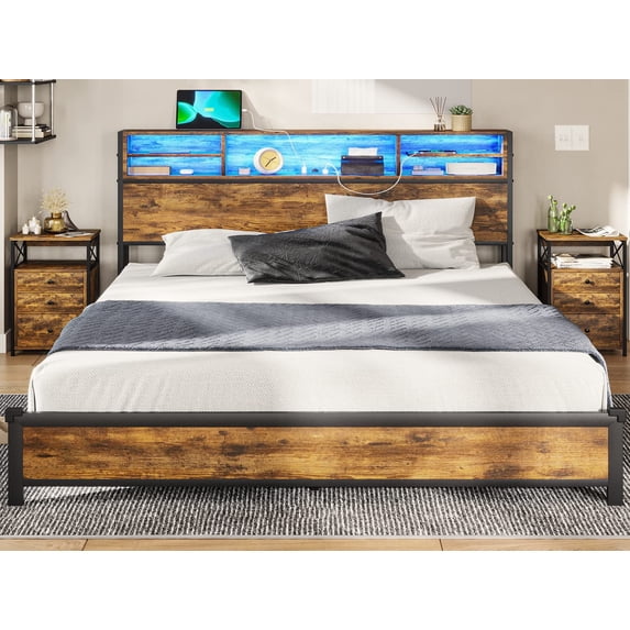 Afuhokles King Bed Frame with LED Lights Headboard, Metal Platform Bed with Outlets and USB Ports, Storage Headboard, Vintage Brown