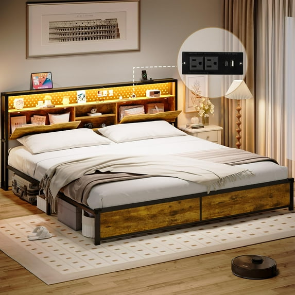 Afuhokles King LED Storage Headboard Industrial Wood Standard Bed with Charging Ports, Brown