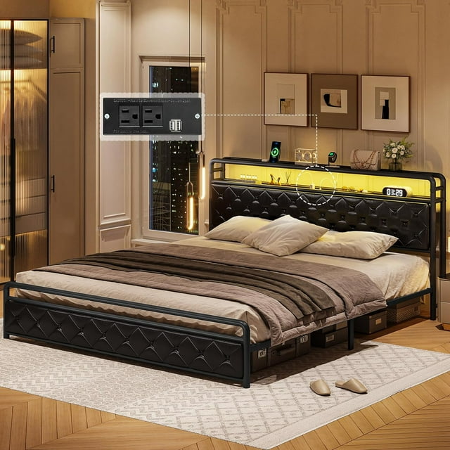 Afuhokles King LED Bed Frame with Storage, USB Ports & Power Outlets
