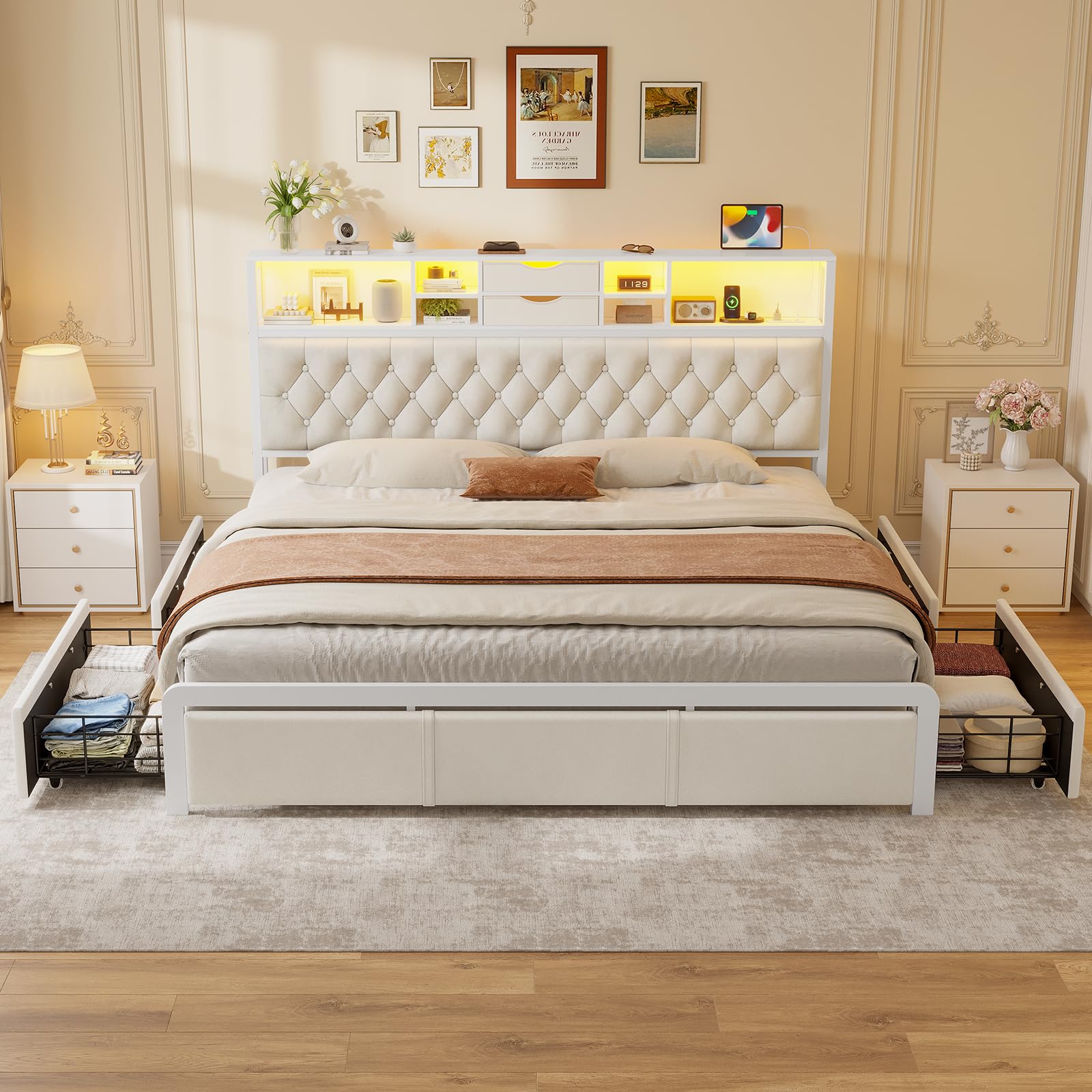 Afuhokles King Size Bed Frame with 4 Drawers and Lighted Headboard ...