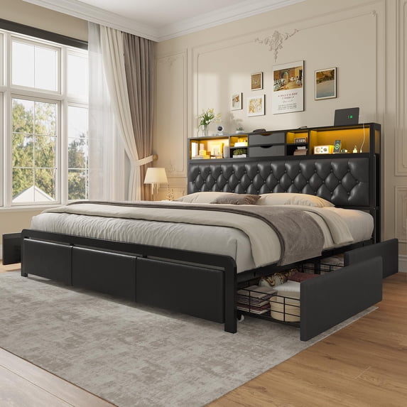 Afuhokles King Size Bed Frame with 4 Storage Drawers and Headboard ...