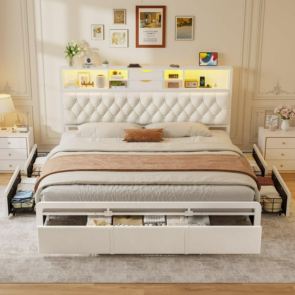 Afuhokles King Size Bed Frame with 5 Drawers and Lighted Headboard, Velvet Upholstered Platform Bed with Charging Station, Beige