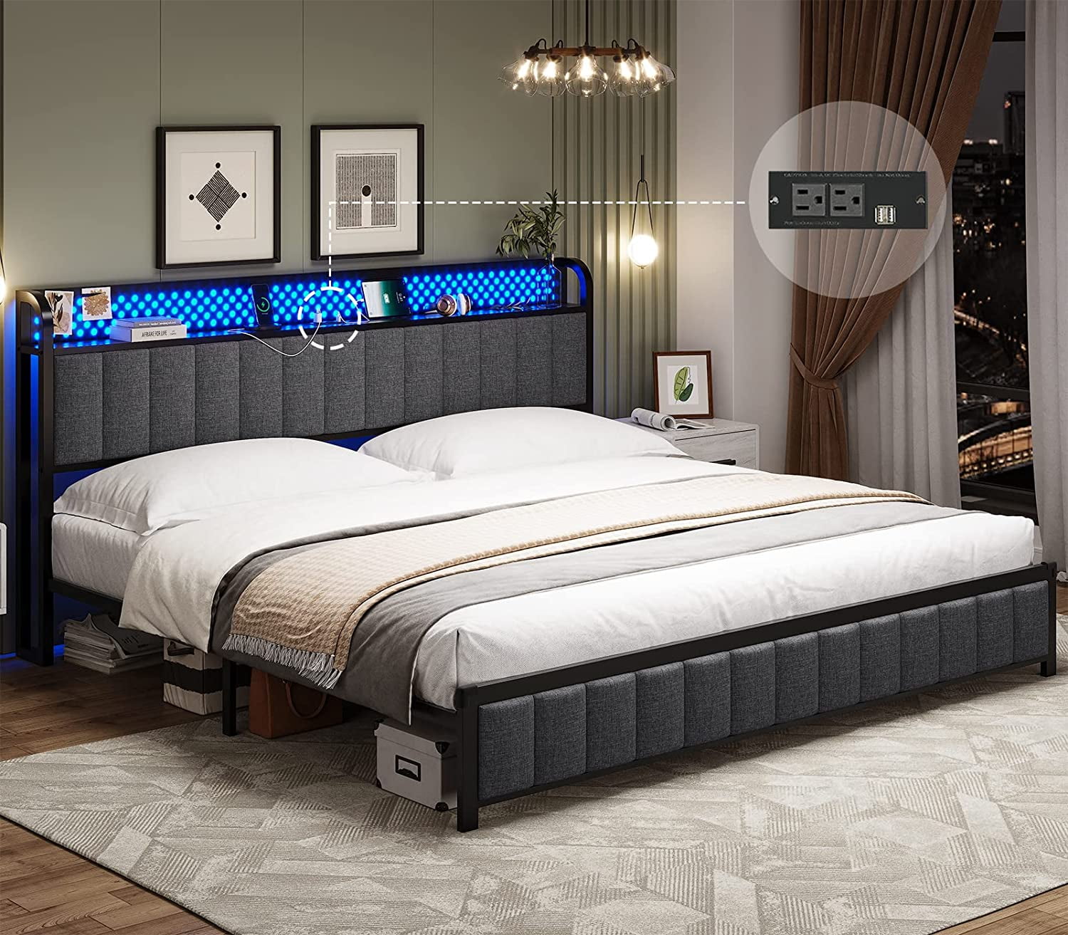 Afuhokles King Size Bed Frame with LED Light Headboard USB Ports and Outlets Upholstered Platform Bed Frame Dark Gray