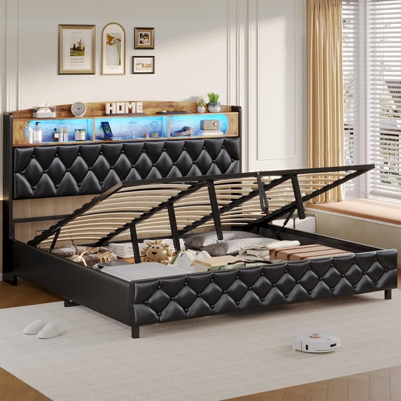 Afuhokles King Size Lift Up Storage Bed Frame with LED Storage Headboard and Charging Station, Upholstered Bed Frame, Hydraulic Storage, PU Black