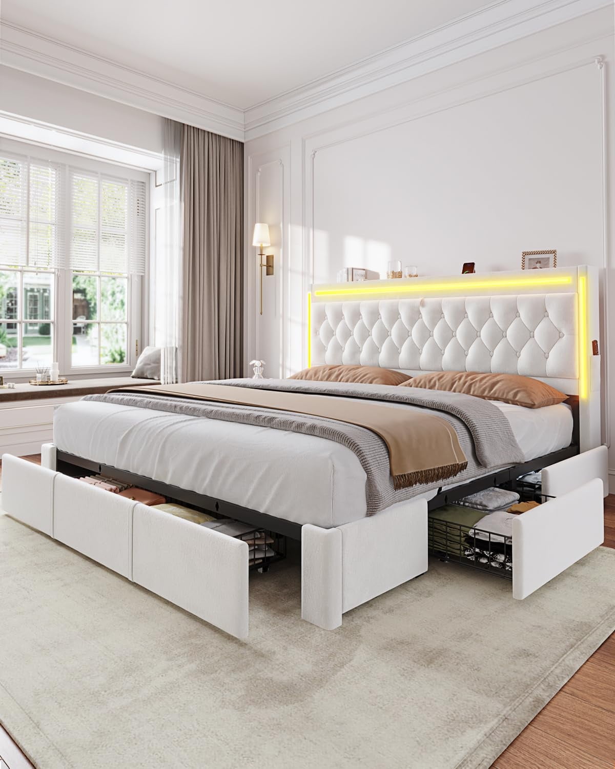 Afuhokles King Upholstered Bed Frame with 5 Large Storage Drawers ...