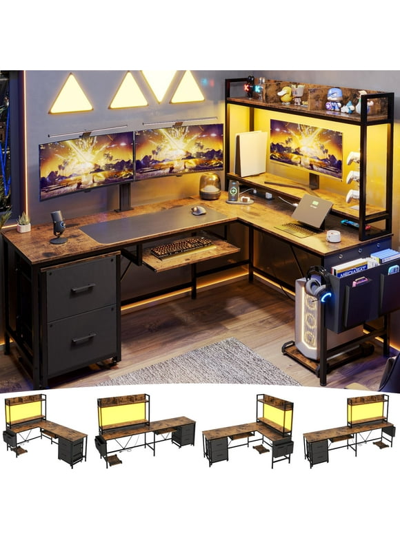 Afuhokles L Shaped Computer Desk, Reversible Corner Gaming Desk with Power Outlet and Led Strip, Drawer File Cabinet, Keyboard Tray, Open Storage Shelves Bag, Monitor Stand, Brown