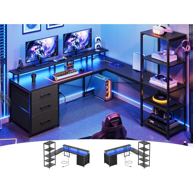 Afuhokles L Shaped Computer Desk with 3 Fabric Drawers and Power Outlet, 55” Gaming Desk with
