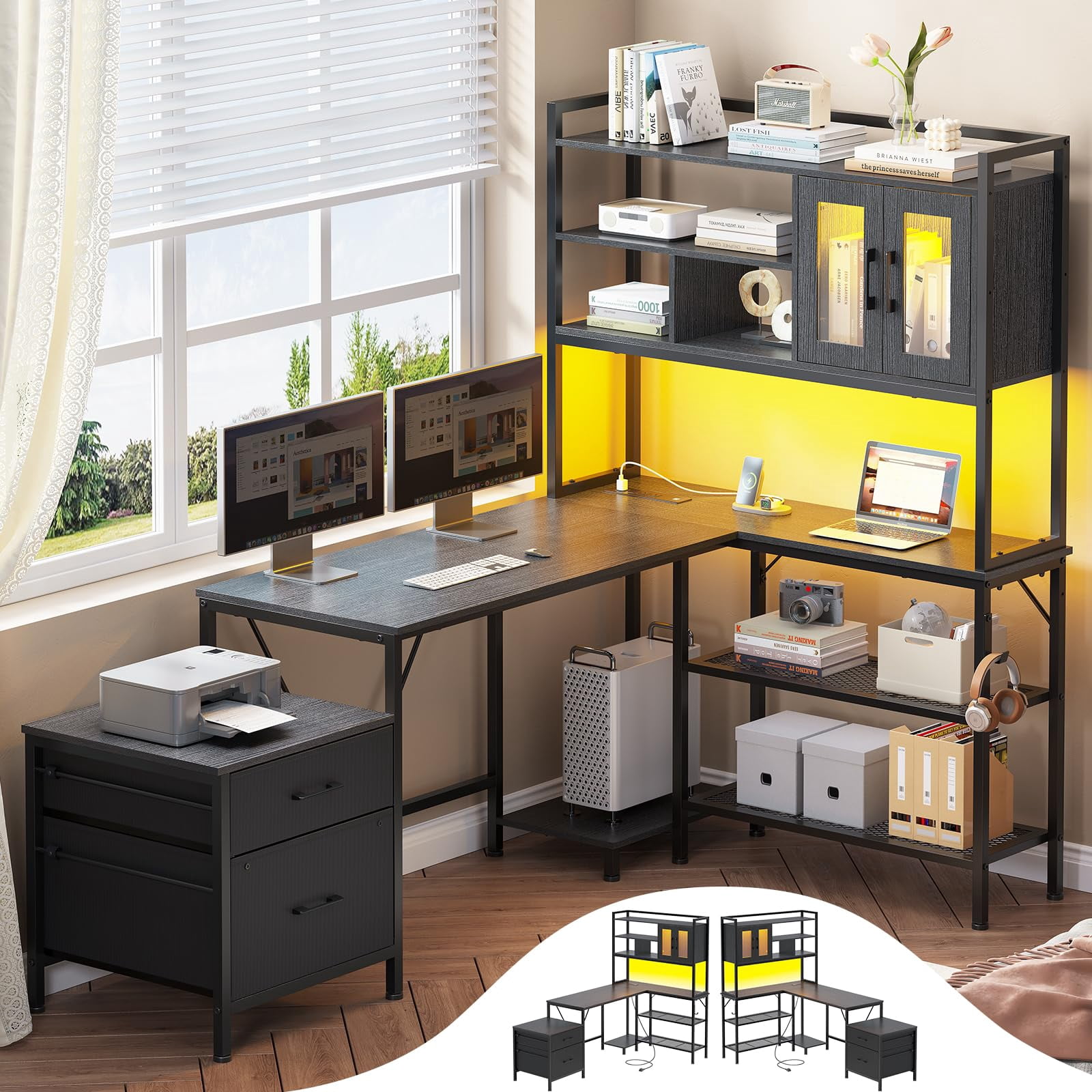 Afuhokles L Shaped Computer Desk with Charging Station, 69.7in Gaming Desk with Hutch, Bookshelf, File Cabinet, Printer Rack, Black