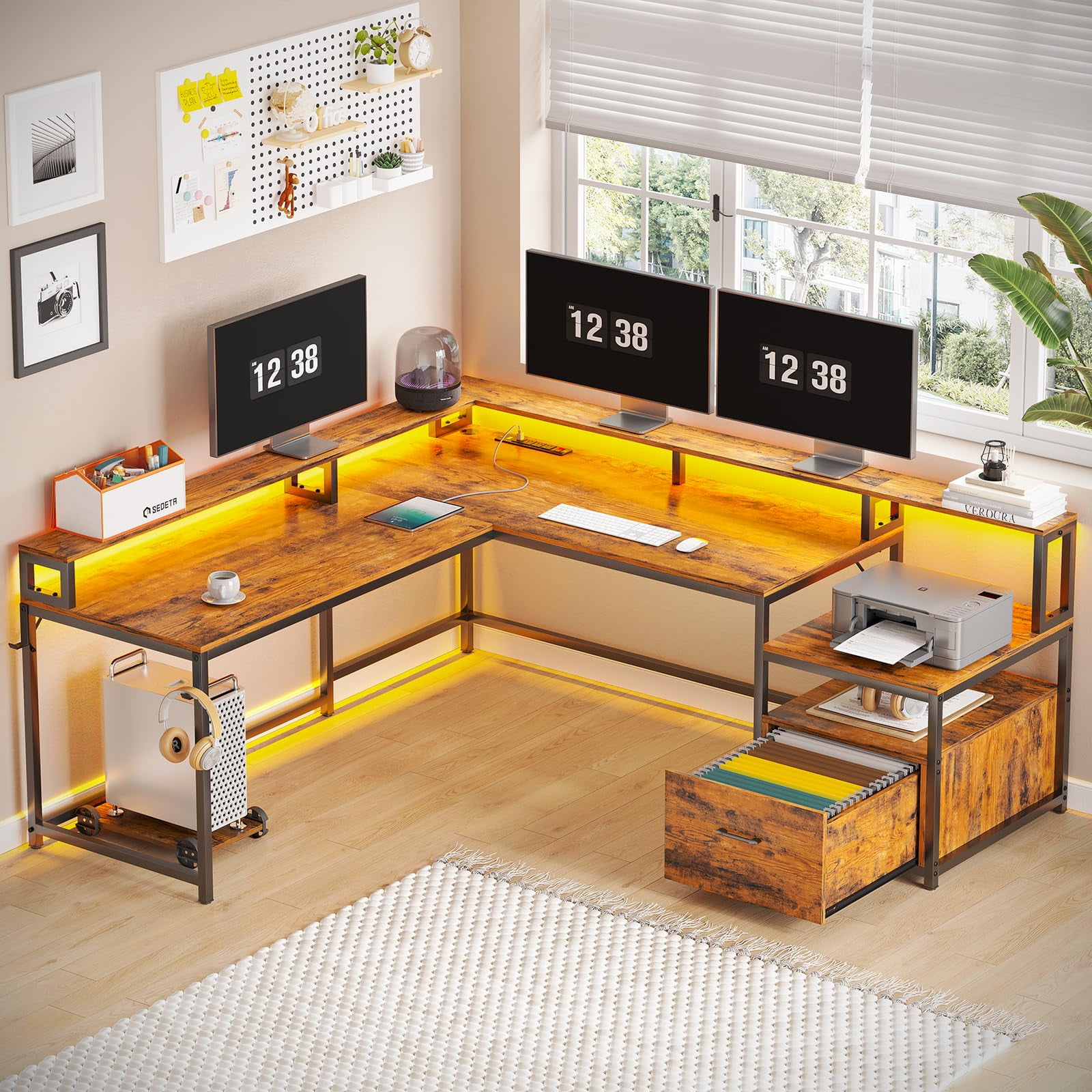 Afuhokles L Shaped Desk with Hutch, Storage Shelves, File Drawer and Power  Outlet, 66 Computer Gaming Desk with LED Light, Rustic Brown