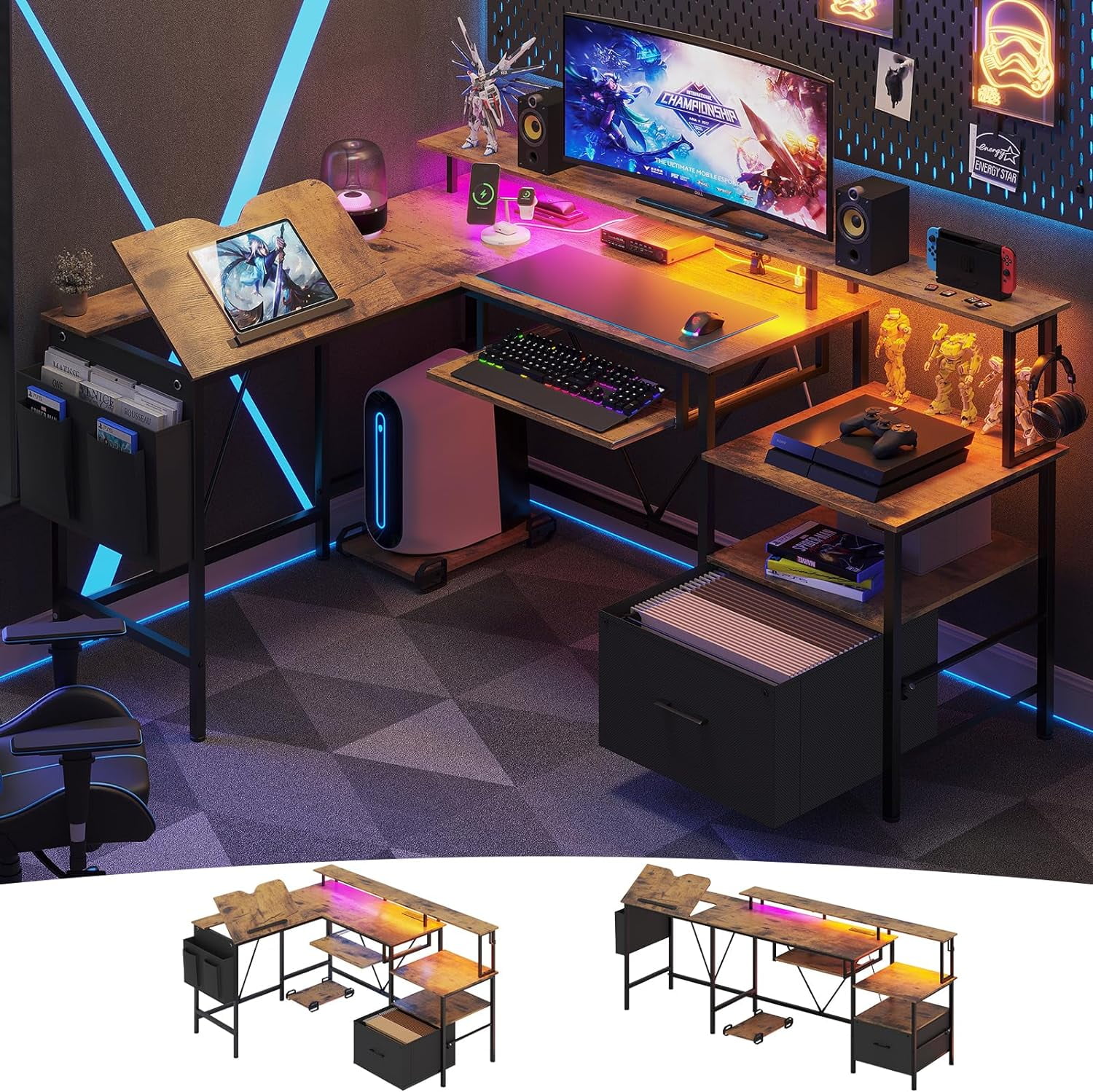 Afuhokles L Shaped Gaming Desk, Led Reversible Corner Computer Desk ...