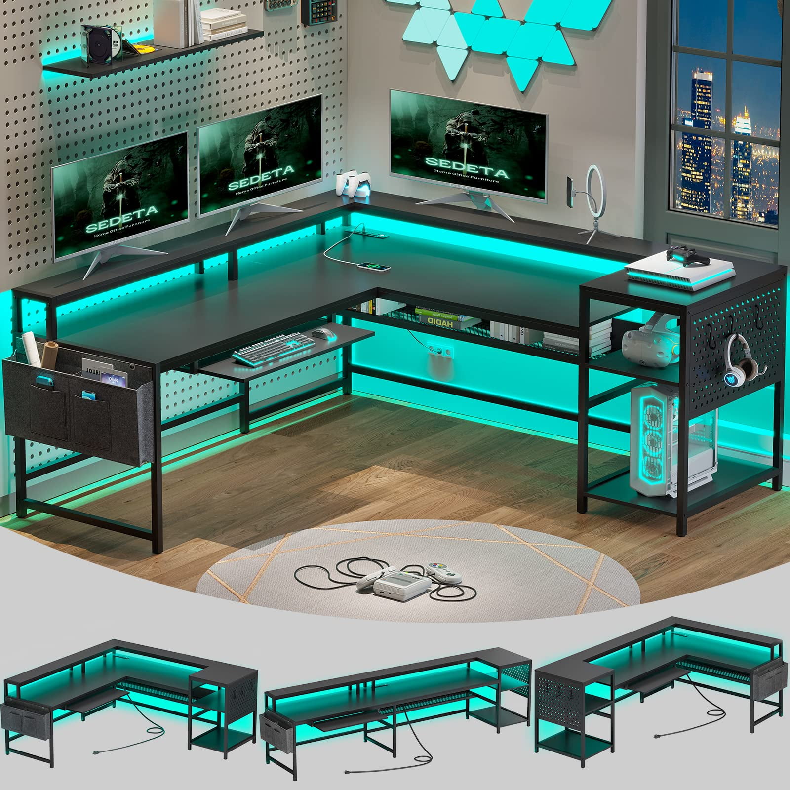 Afuhokles L Shaped Gaming Desk with LED, Power Outlets, Keyboard