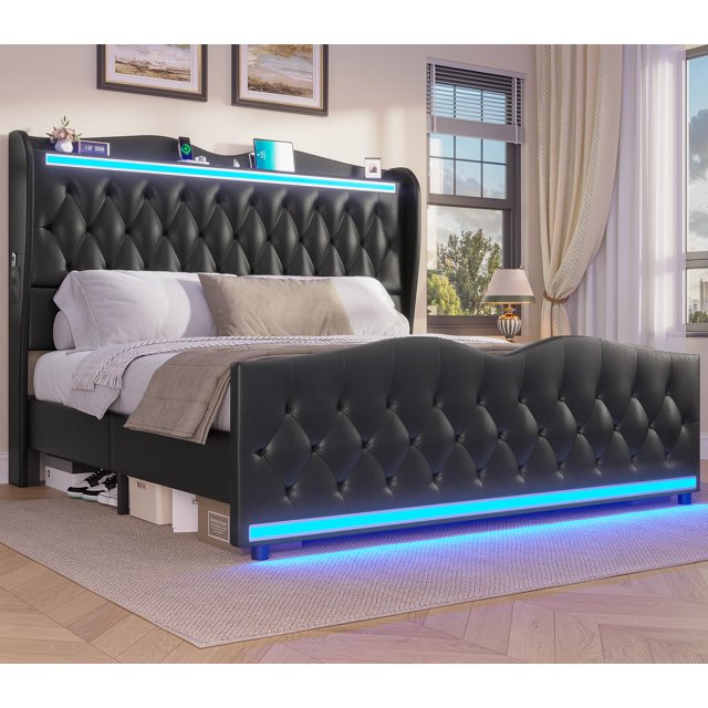 Afuhokles King Size LED Bed Frame with Tall Storage Headboard, Charging
