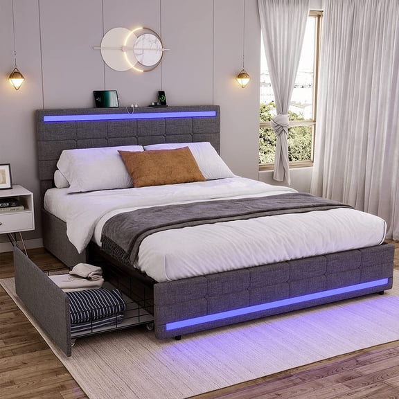 Afuhokles LED Bed Frame Queen Size with 2 USB Ports, Platform Bed Frame with Headboard and Footboard, Storage Drawers, Dark Grey