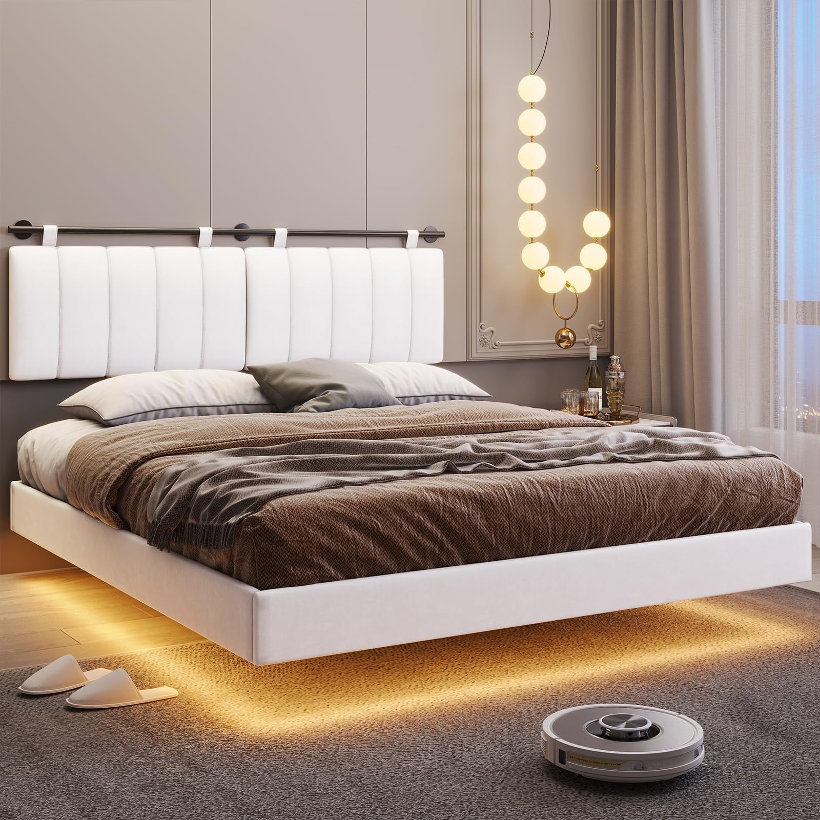 Afuhokles LED Floating Full Bed Frame with Wall Mounted Upholstered