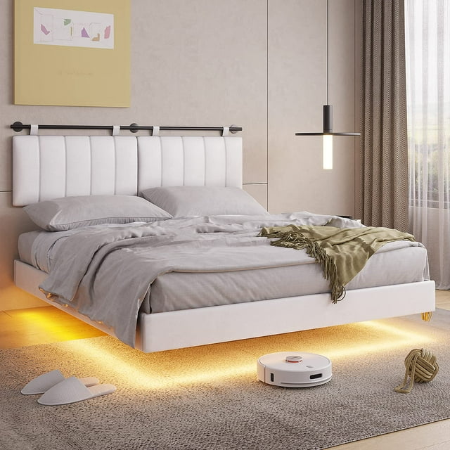 Afuhokles LED Floating Queen Bed Frame with Wall Mounted Headboard and ...