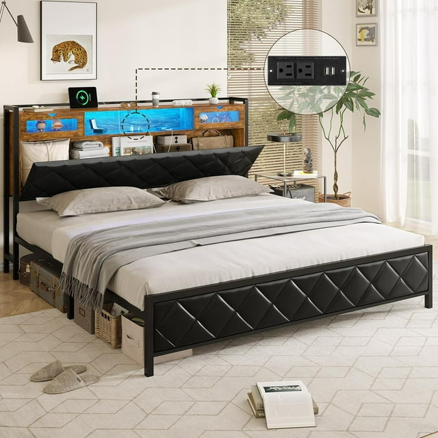 Afuhokles King Size LED Bed Frame with Hidden Storage, Upholstered