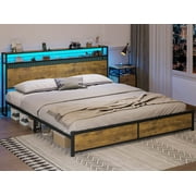 Afuhokles LED King Bed Frame with Outlets and USB Ports, Metal Platform Bed with 2-Tier Storage Headboard and LED Lights, Vintage Brown