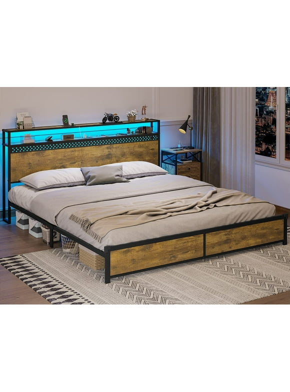Afuhokles LED King Bed Frame with Outlets and USB Ports, Metal Platform Bed with 2-Tier Storage Headboard and LED Lights, Vintage Brown