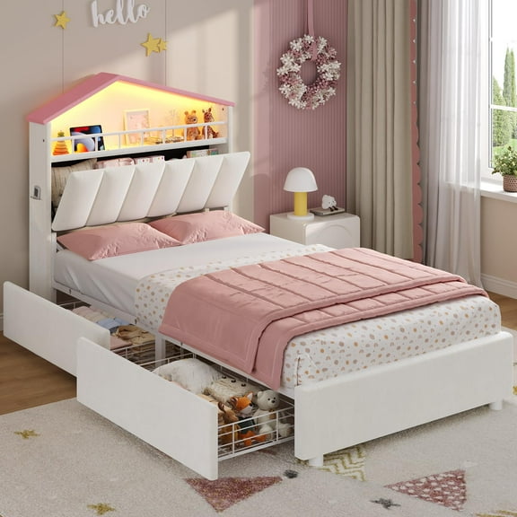 Afuhokles Twin Bed with LED Lights and 4 Drawers, Velvet Platform Bed with House-Shaped Storage Headboard with Charging Station, White