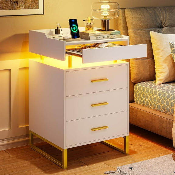 Afuhokles LED Nightstand with Charging Station and 3 Drawers, Night Stand with Pull-Out Tray, Modern Bedside Table, White