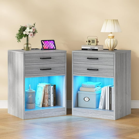 Afuhokles LED Nightstands Set of 2,Nightstand with Charging Station, Bedside Table with Power Outlets and Drawers, Gray