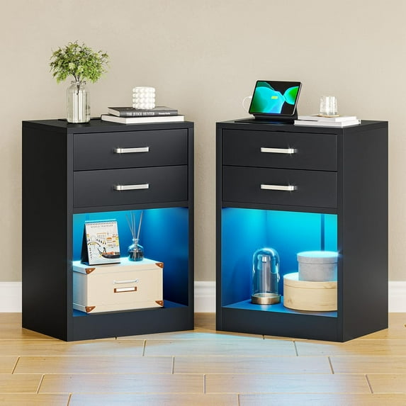 Afuhokles LED Nightstands Set of 2 with Charging Station,Black Bedside Table with Power Outlets and Drawers