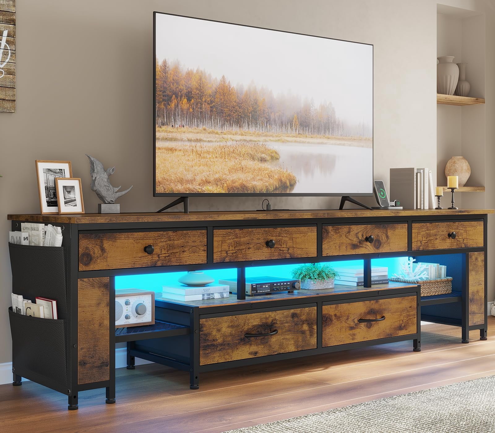 Afuhokles LED TV Stand for 65/70/75 Inch TV, Entertainment Center with Storage and Power Outlets, 6 Drawers, 4 Bags for Living Room, Bedroom, Brown