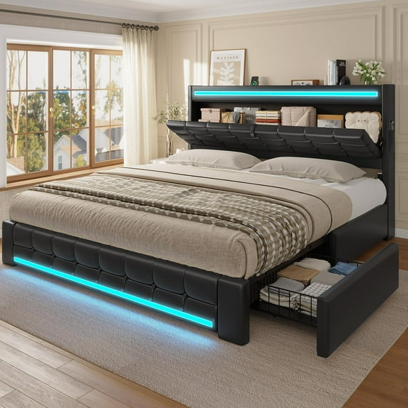 Afuhokles LED Upholstered King Bed Frame with Storage Headboard and 4 Drawers, Charging Station, Leather Platform Bed Frame with Button Tufted, Black PU