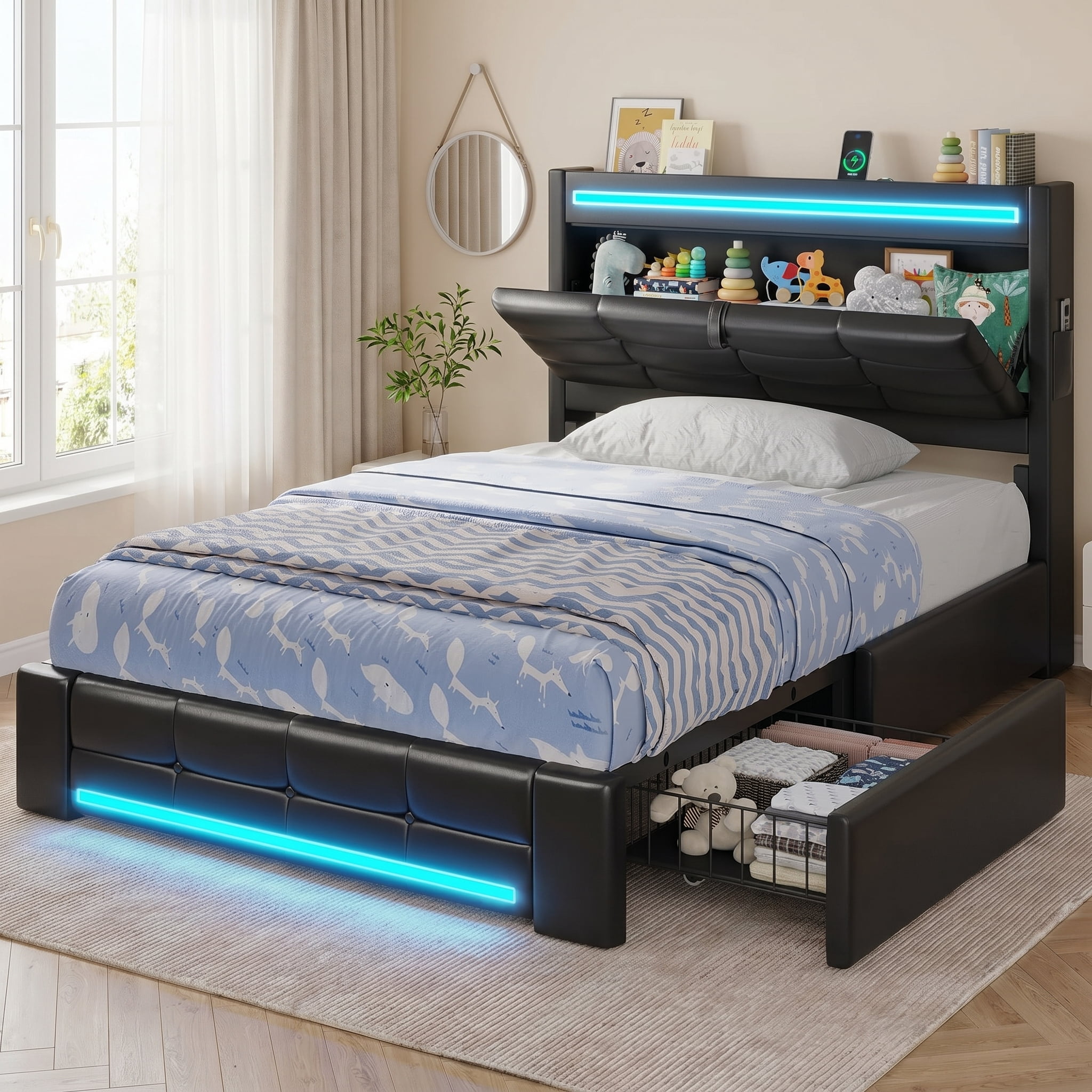 Afuhokles LED Upholstered Twin Bed Frame with Storage Headboard, 4 ...