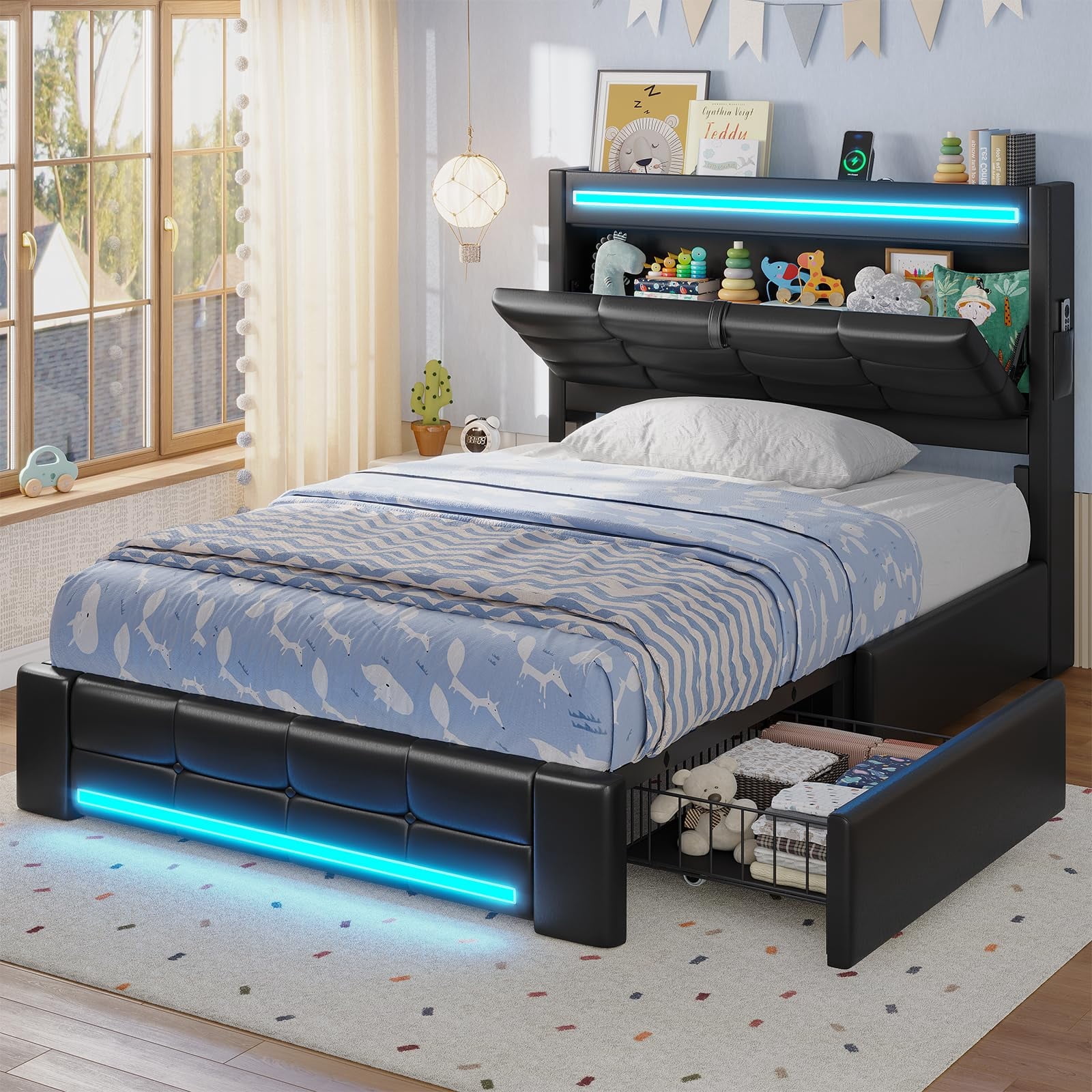 Afuhokles LED Upholstered Twin Bed Frame with Storage Headboard, 4 ...