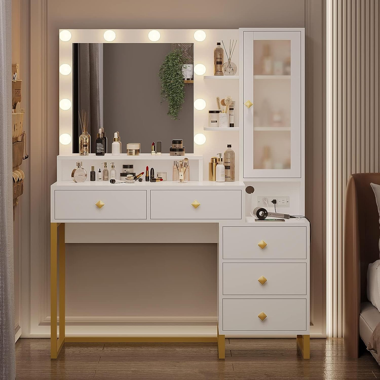 Mjkone Vanity Desk and Chair with LED Light Mirror