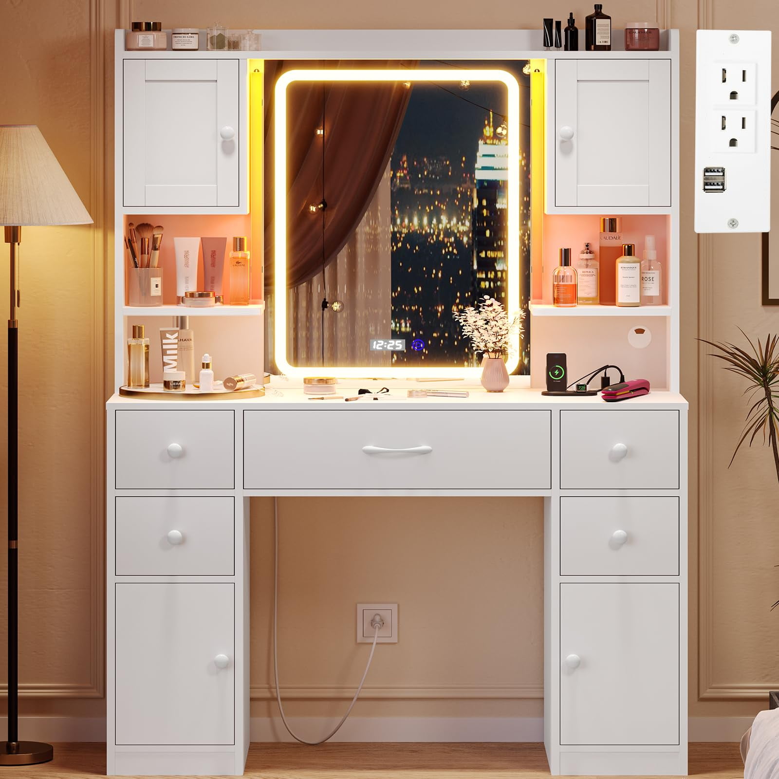 Boahaus Alana 5 White Drawers, Crystal Knobs, and Vanity Ball Mirror Black Lights, Desk with