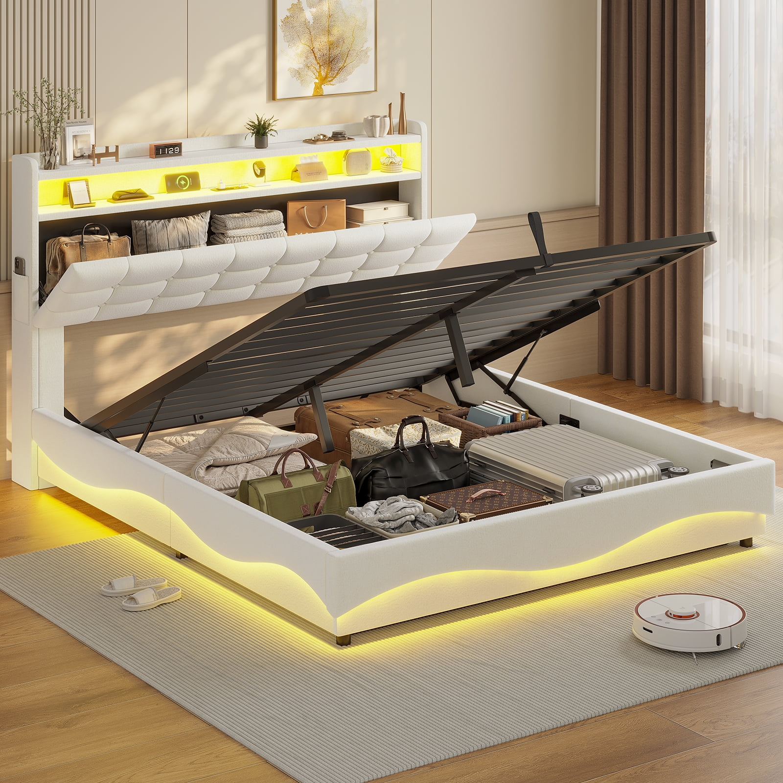 Afuhokles Lift Up Storage Queen Bed Frame with Charging Station and ...