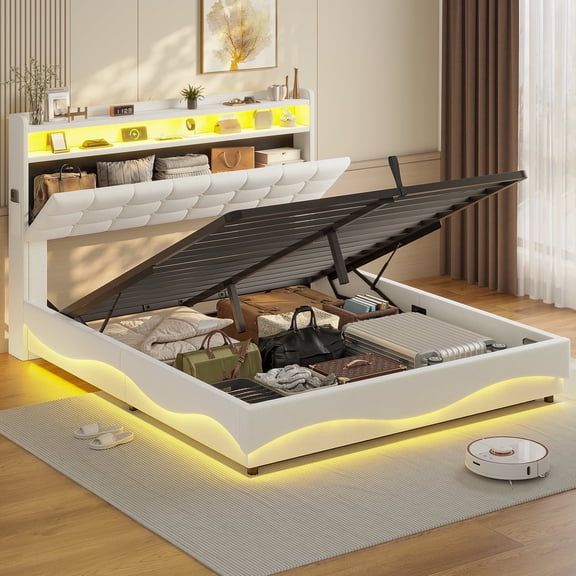 Afuhokles Lift Up Storage Queen Bed Frame with Charging Station and Hidden Storage Headboard, LED Lights Upholstered Platform Bed with Hydraulic Storage, White