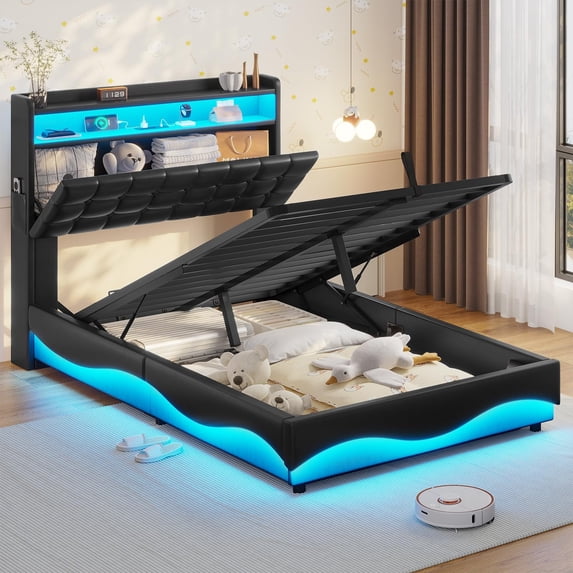 Afuhokles Lift Up Storage Twin Bed Frame with Charging Station and Hidden Storage Headboard, LED Lights Upholstered Platform Bed with Hydraulic Storage, Black